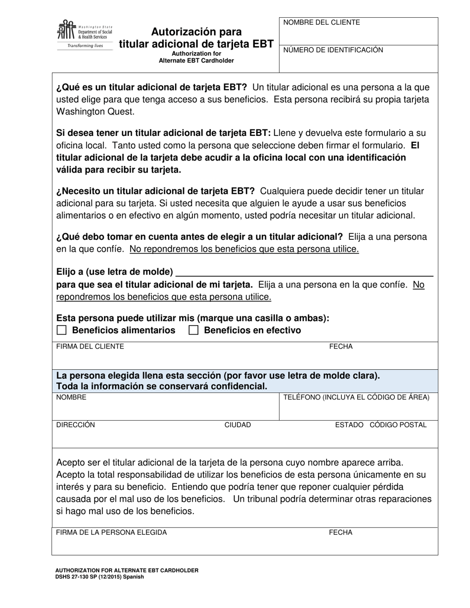 DSHS Formulario 27-130 Autorizacion Para Titular Adicional De Tarjeta Ebt - Washington (Spanish), Page 1