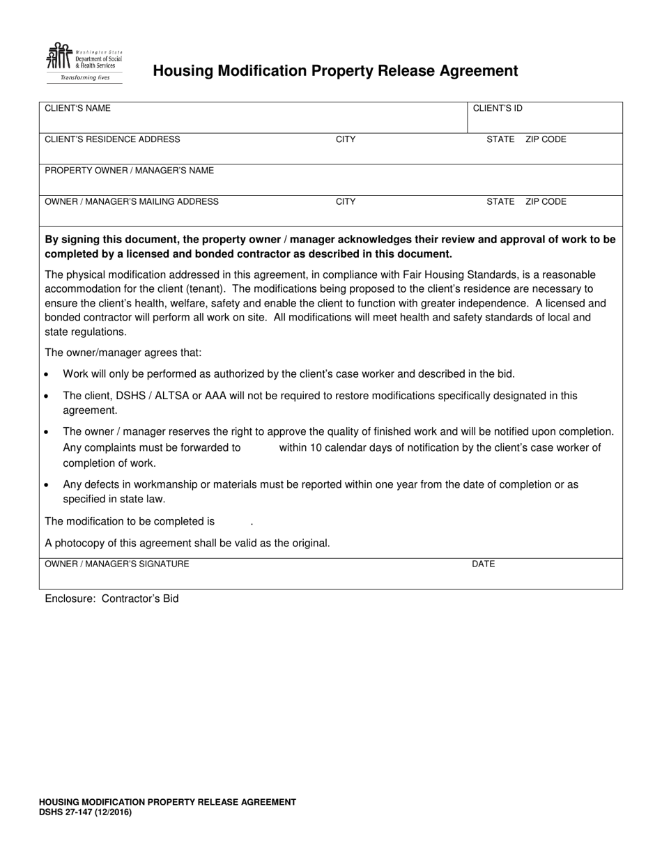 DSHS Form 27-147 Housing Modification Property Release Agreement - Washington, Page 1