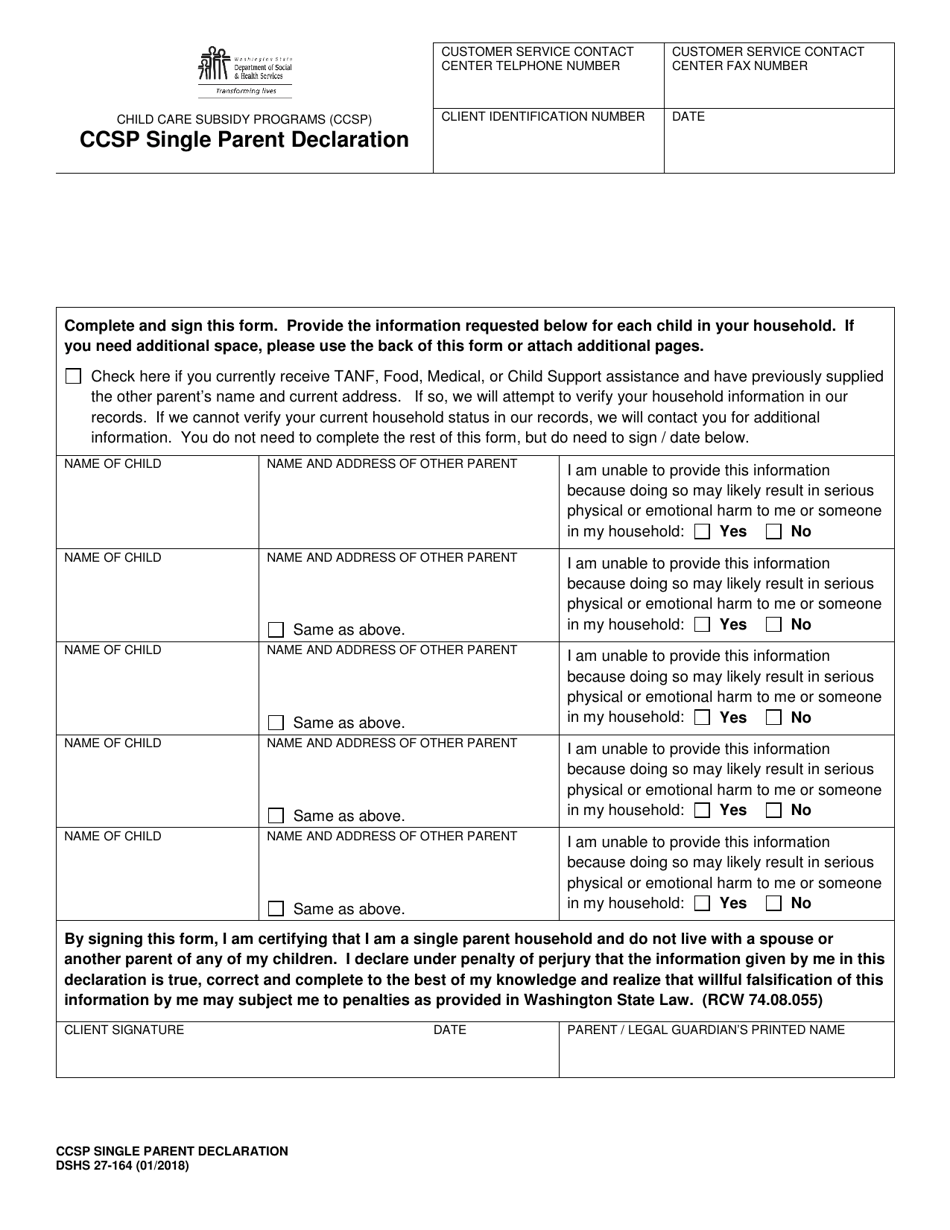 DSHS Form 27-164 Child Care Subsidy Programs (Ccsp) Single Parent Declaration - Washington, Page 1