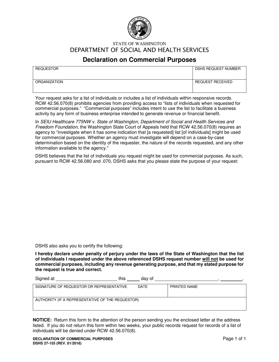 DSHS Form 27-155 Declaration on Commercial Purposes - Washington, Page 1