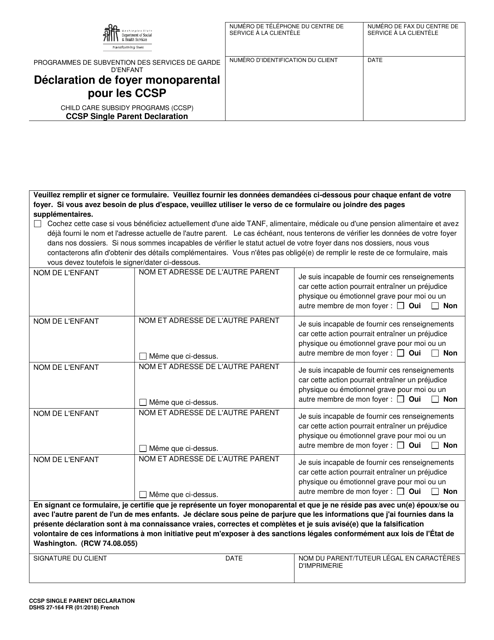 DSHS Form 27-164 Child Care Subsidy Programs (Ccsp) Single Parent Declaration - Washington (French)