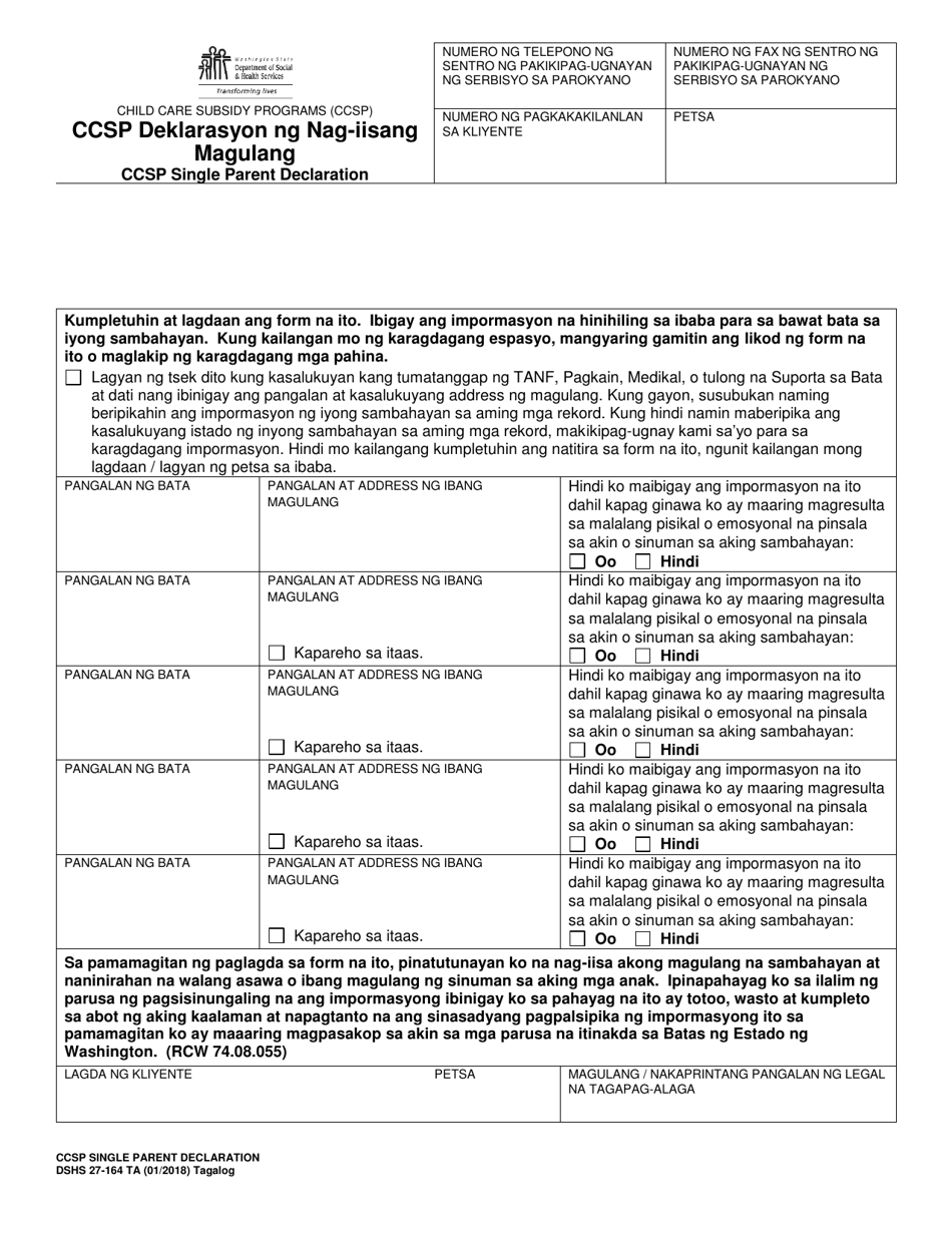 DSHS Form 27-164 Child Care Subsidy Programs (Ccsp) Single Parent Declaration - Washington (Tagalog), Page 1