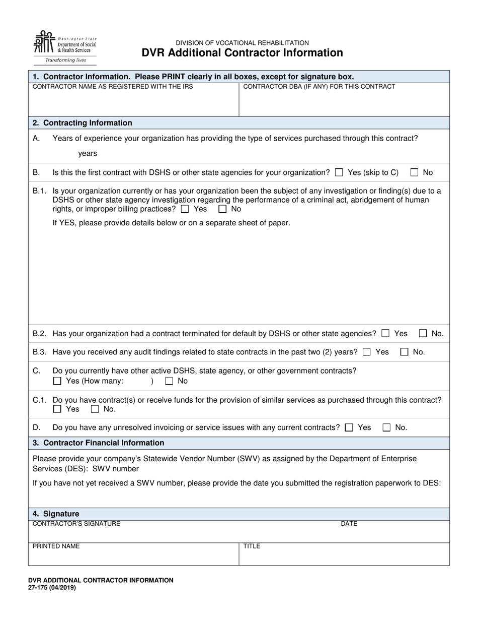 Dshs Form 27 175 Fill Out Sign Online And Download Printable Pdf