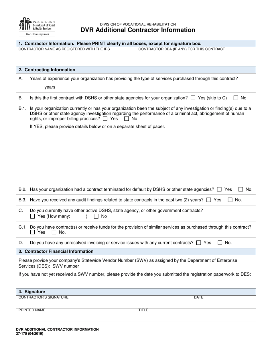 DSHS Form 27-175 Dvr Additional Contractor Information - Washington, Page 1