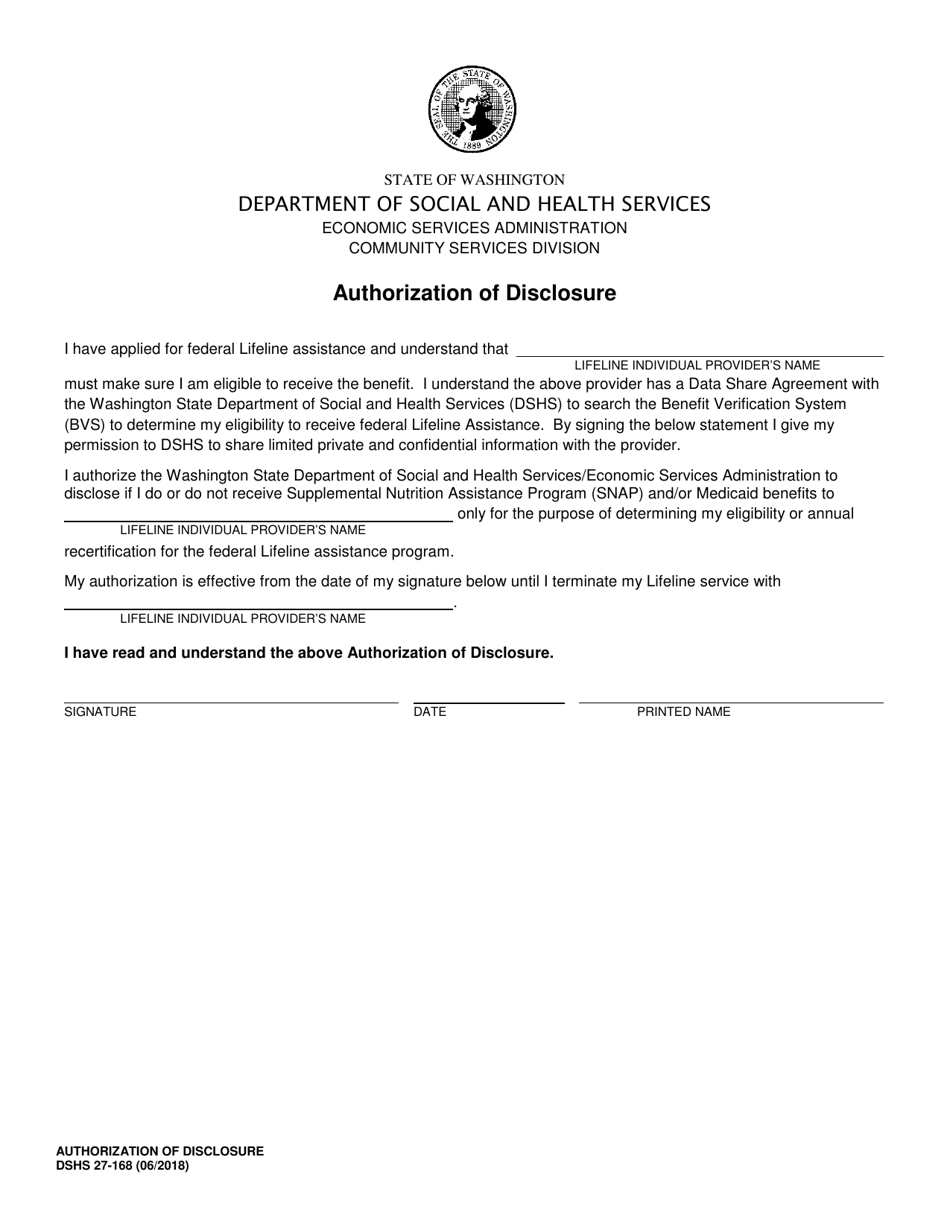 DSHS Form 27-168 Authorization of Disclosure - Washington, Page 1