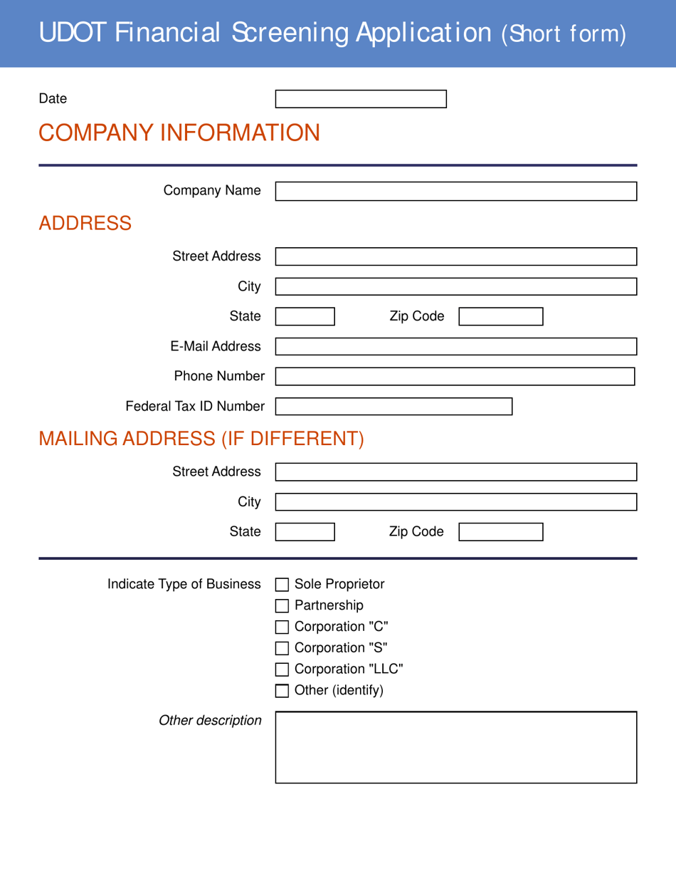 Udot Financial Screening Application (Short Form) - Utah, Page 1