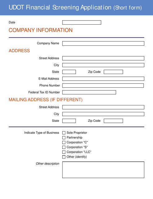 Udot Financial Screening Application (Short Form) - Utah Download Pdf