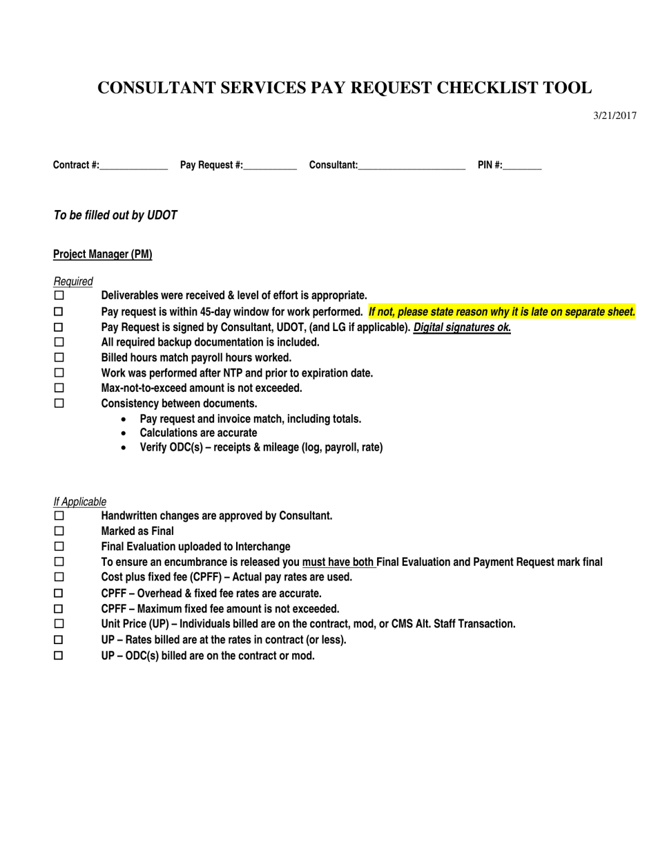 Consultant Services Pay Request Checklist Tool Form - Utah, Page 1