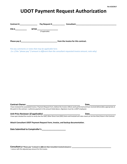 Udot Payment Request Authorization Form - Utah