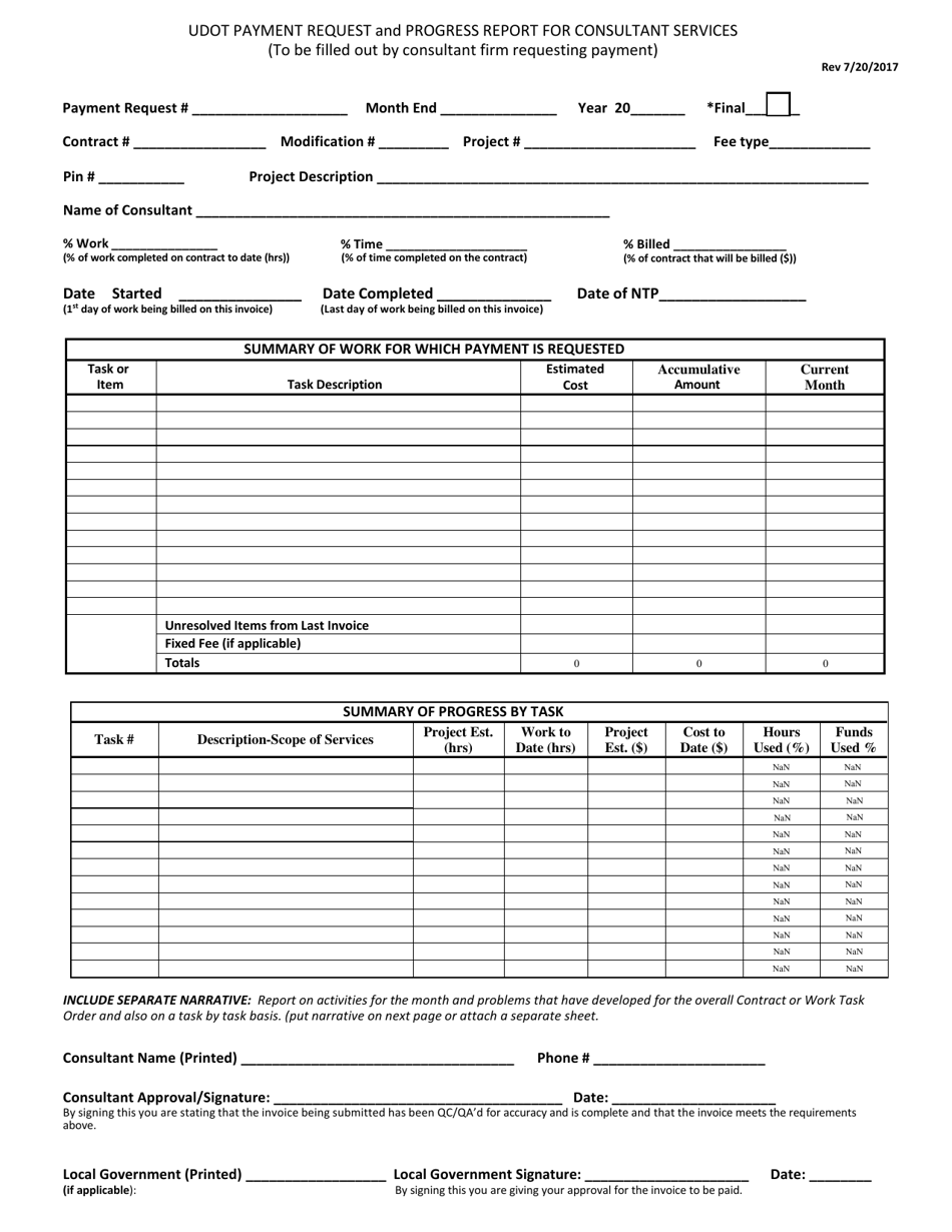 Utah Udot Payment Request and Progress Report for Consultant Services ...