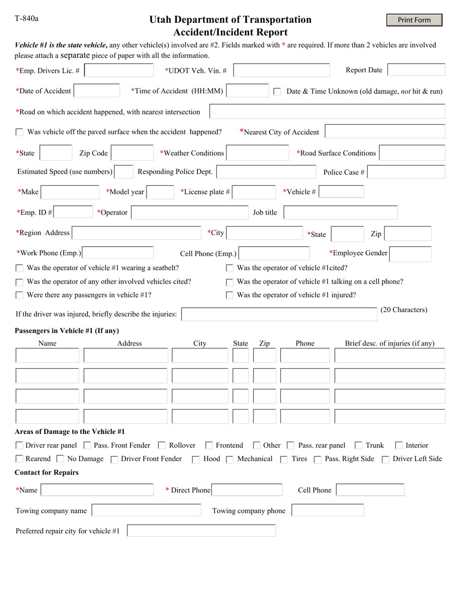 Form T-840A Accident / Incident Report - Utah, Page 1
