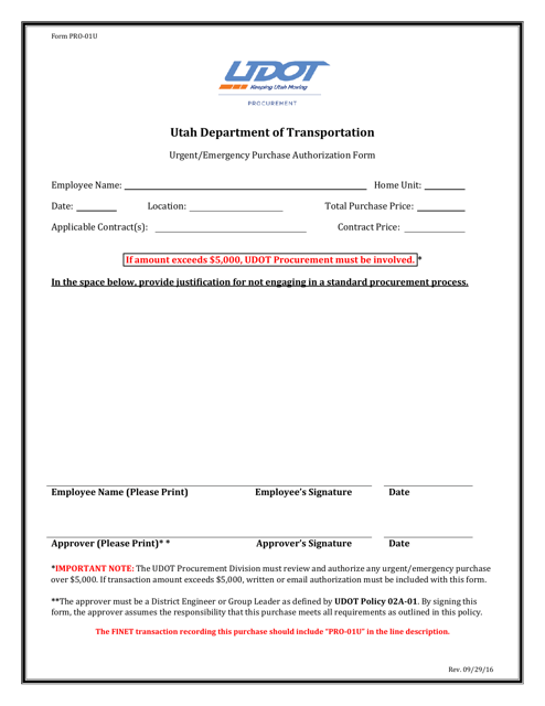 Form PRO-01U Urgent/Emergency Purchase Authorization Form - Utah