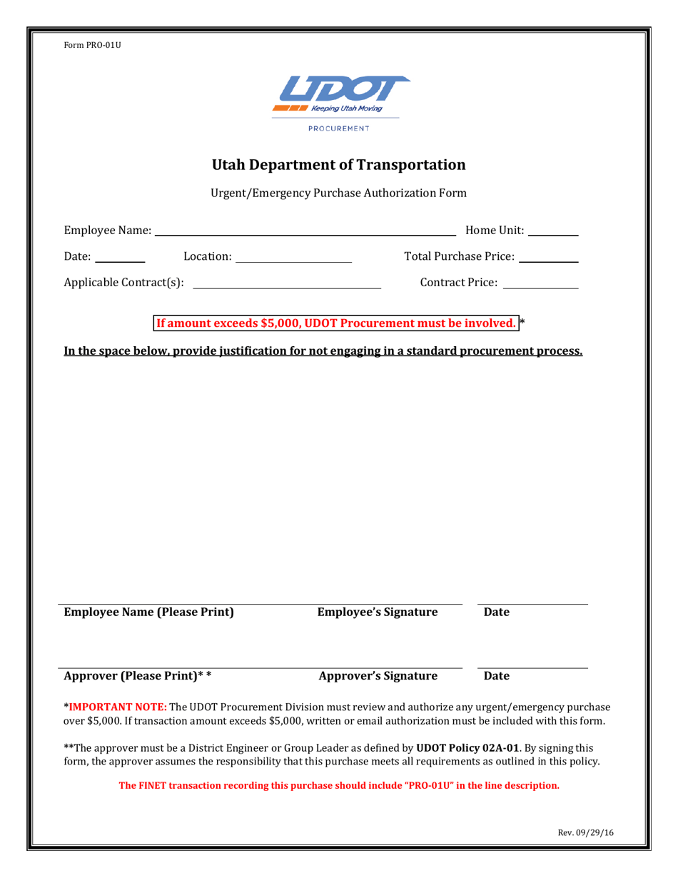 Form PRO-01U Urgent / Emergency Purchase Authorization Form - Utah, Page 1