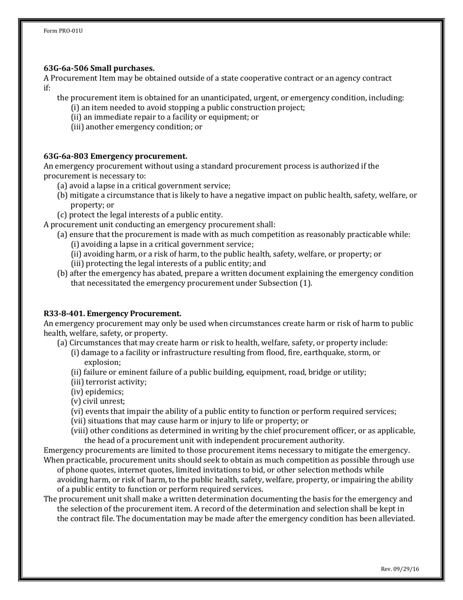 Form PRO-01U Urgent / Emergency Purchase Authorization Form - Utah, Page 2