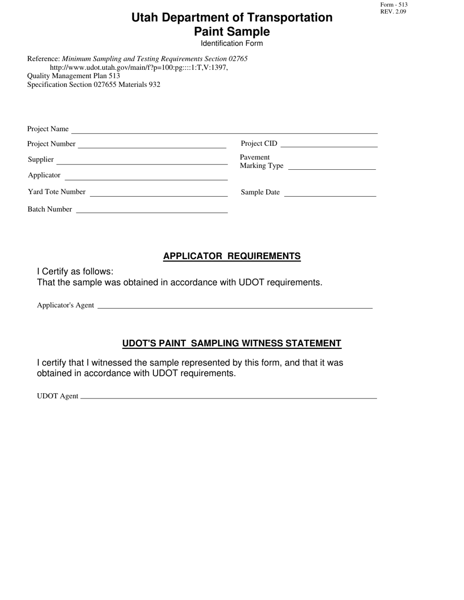 Form C-513 Paint Sample Identification Form - Utah, Page 1
