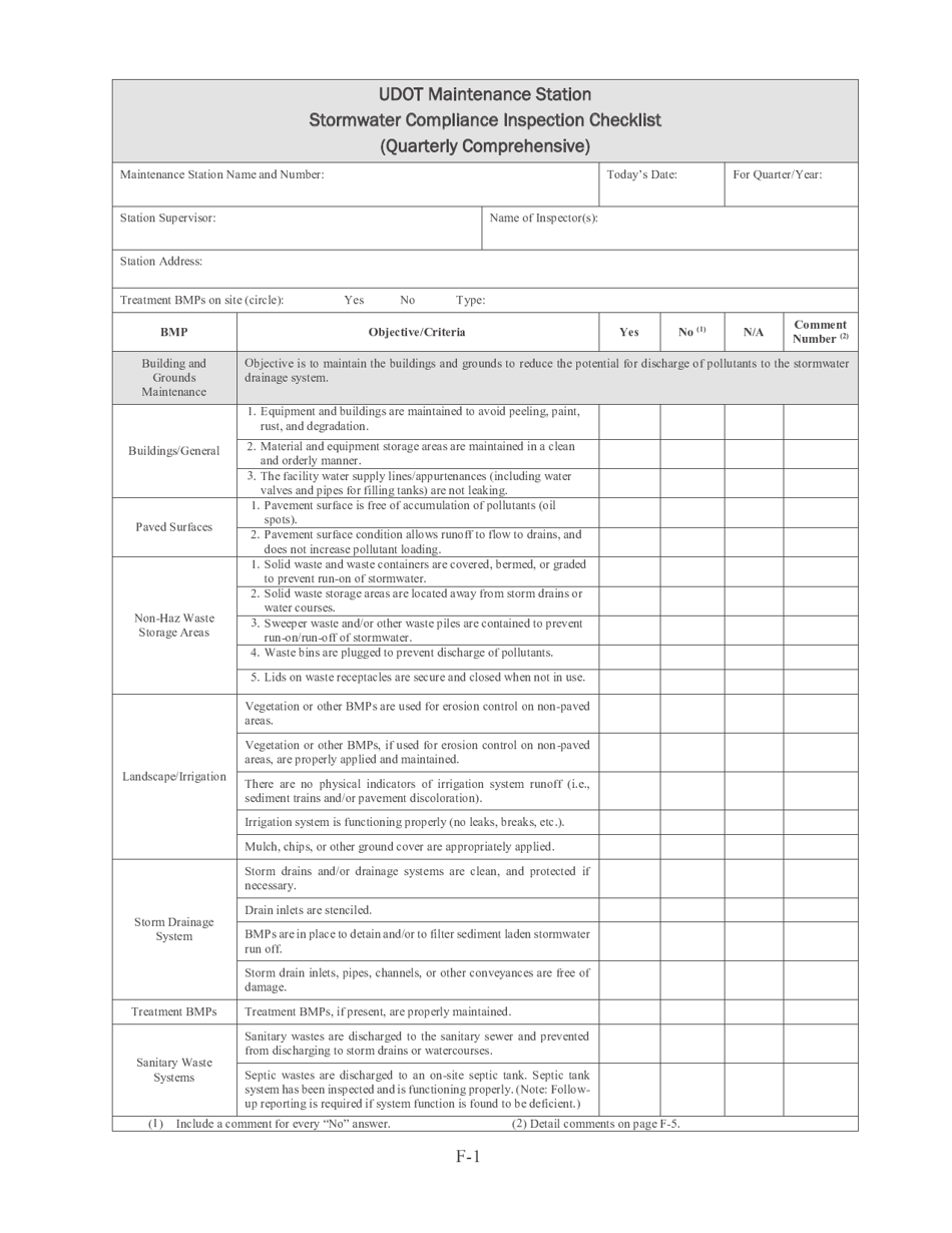Stormwater Compliance Inspection Checklist (Quarterly Comprehensive) - Utah, Page 1