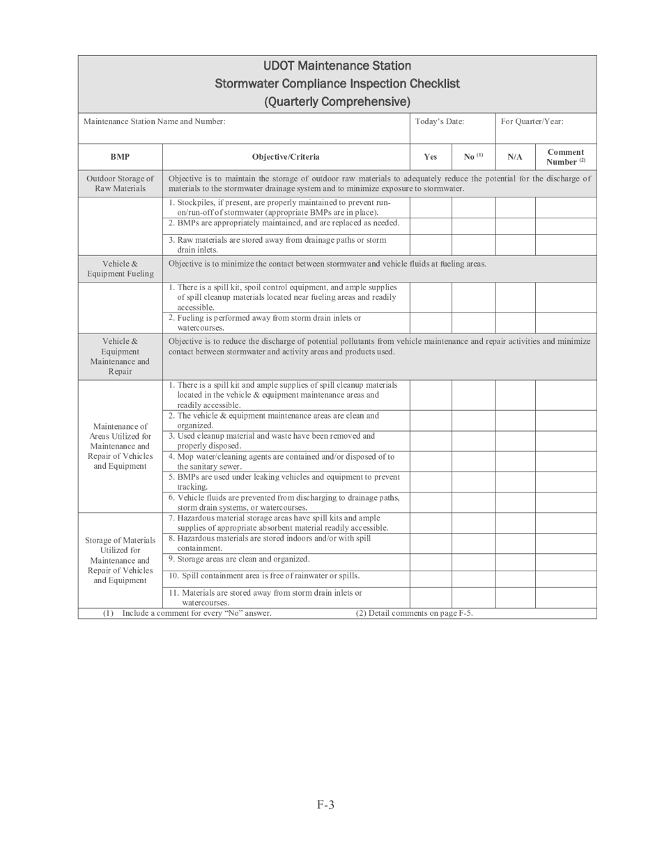Stormwater Compliance Inspection Checklist (Quarterly Comprehensive) - Utah, Page 3