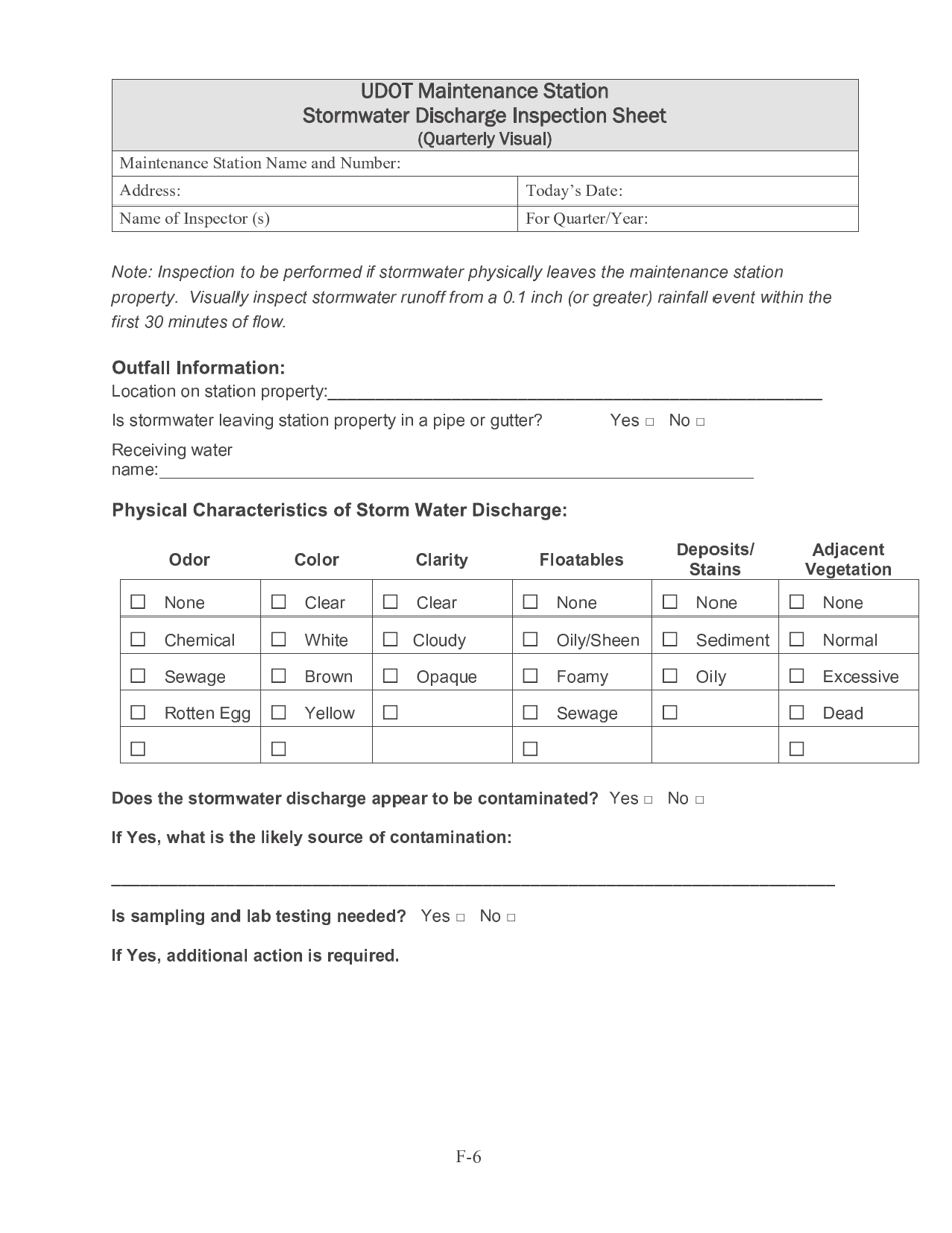 Stormwater Compliance Inspection Checklist (Quarterly Comprehensive) - Utah, Page 6