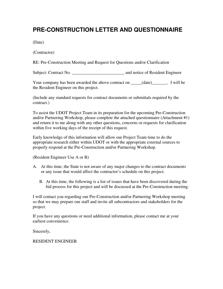Pre-construction Letter and Questionnaire - Utah, Page 1