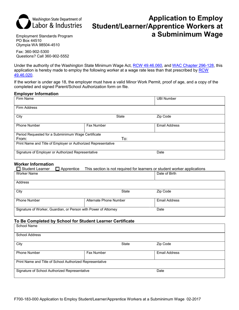 Form F700-183-000 Application to Employ Student / Learner / Apprentice Workers at a Subminimum Wage - Washington, Page 1
