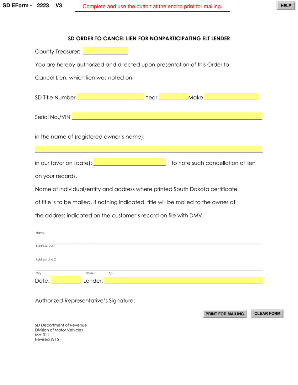 SD Form 2223 (MV-011) Order to Cancel Lien for Nonparticipating Elt Lender - South Dakota, Page 1