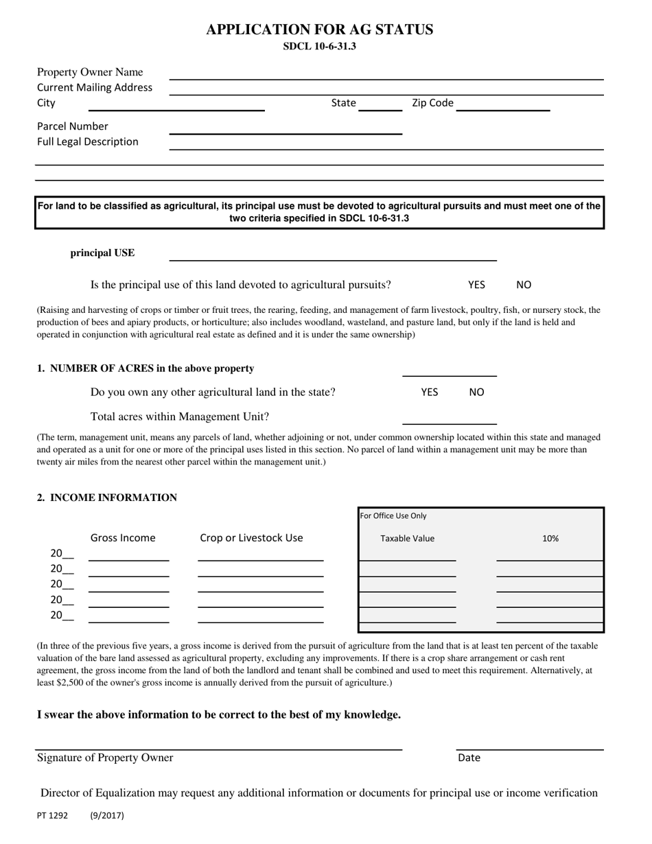 Form PT1292 Application for Ag Status - South Dakota, Page 1