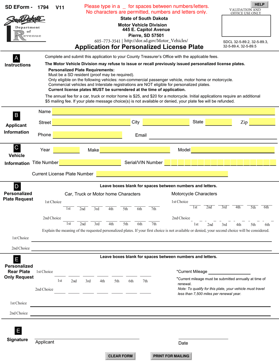 SD Form 1794 Application for Personalized License Plate - South Dakota, Page 1