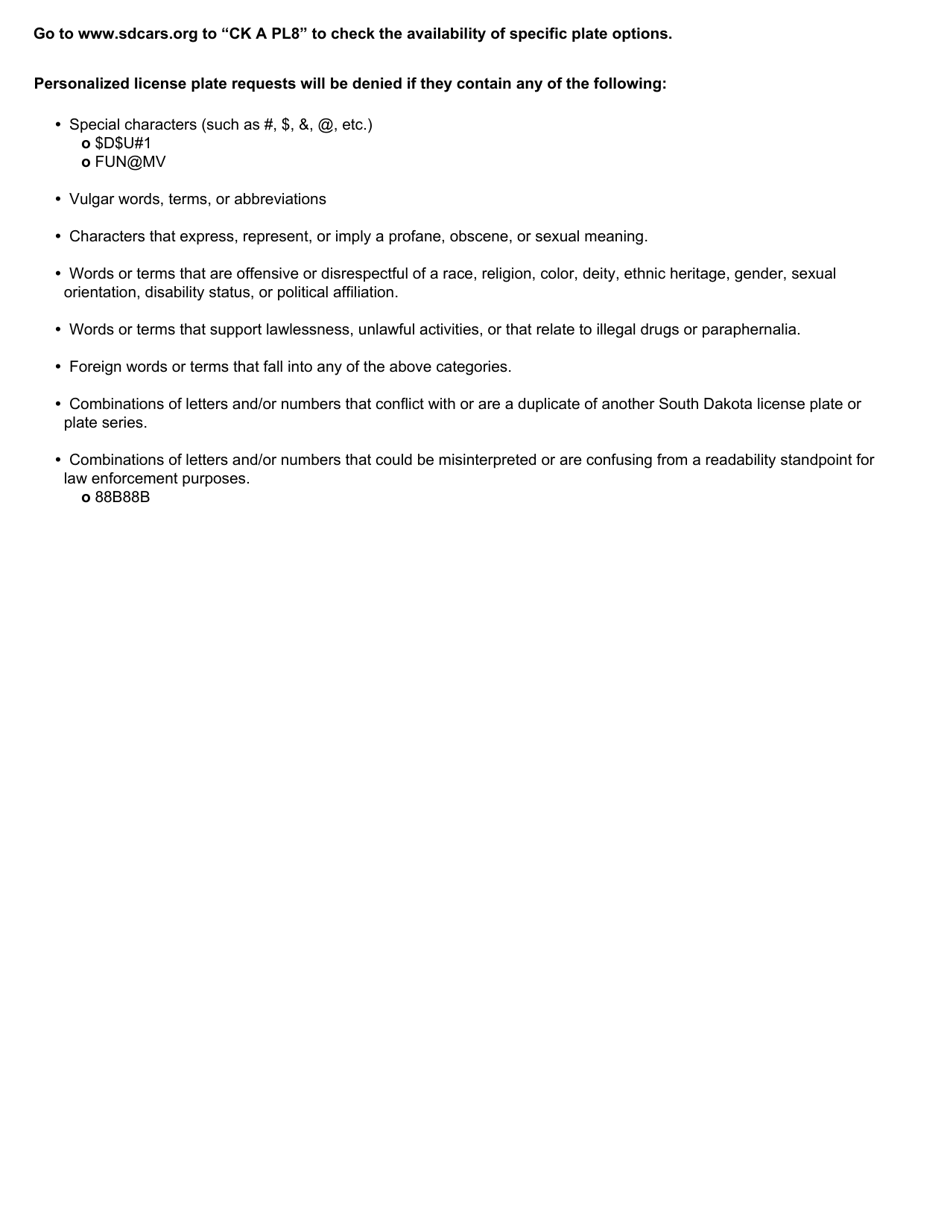 SD Form 1794 Application for Personalized License Plate - South Dakota, Page 2