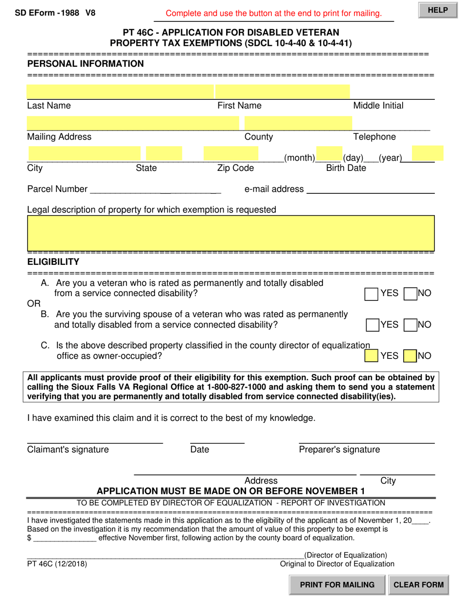 SD Form 1988 (PT46C) Application for Disabled Veteran Property Tax Exemptions - South Dakota, Page 1