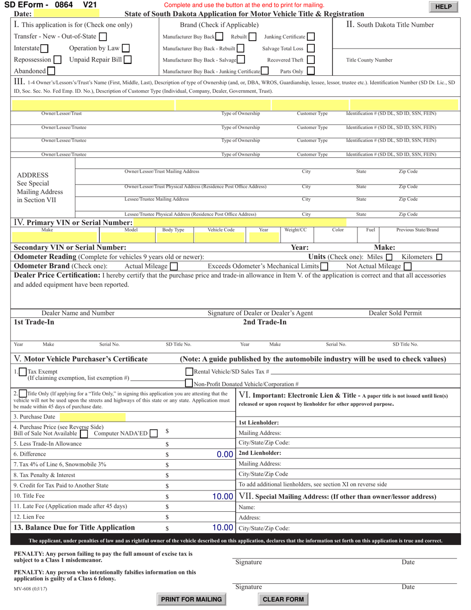 SD Form 0864 (MV-608) Application for Motor Vehicle Title  Registration - South Dakota, Page 1