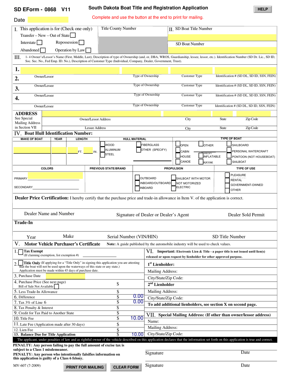 SD Form 0868 (MV-607) Boat Title and Registration Application - South Dakota, Page 1