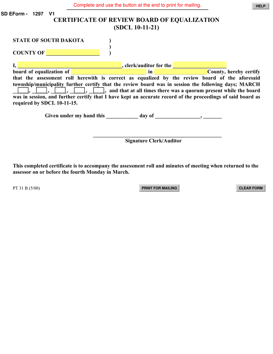 SD Form 1297 (PT31B) Certificate of Review Board of Equalization - South Dakota, Page 1