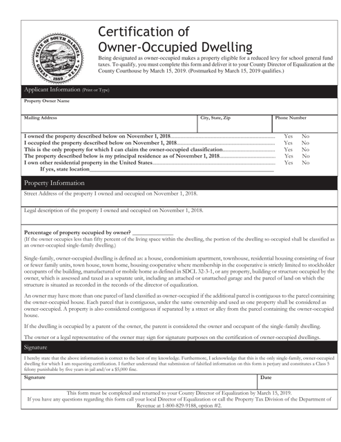 Certification of Owner-Occupied Dwelling - South Dakota Download Pdf