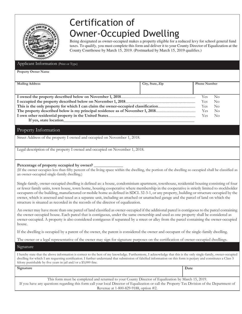 South Dakota Certification of Owner Occupied Dwelling Fill Out Sign