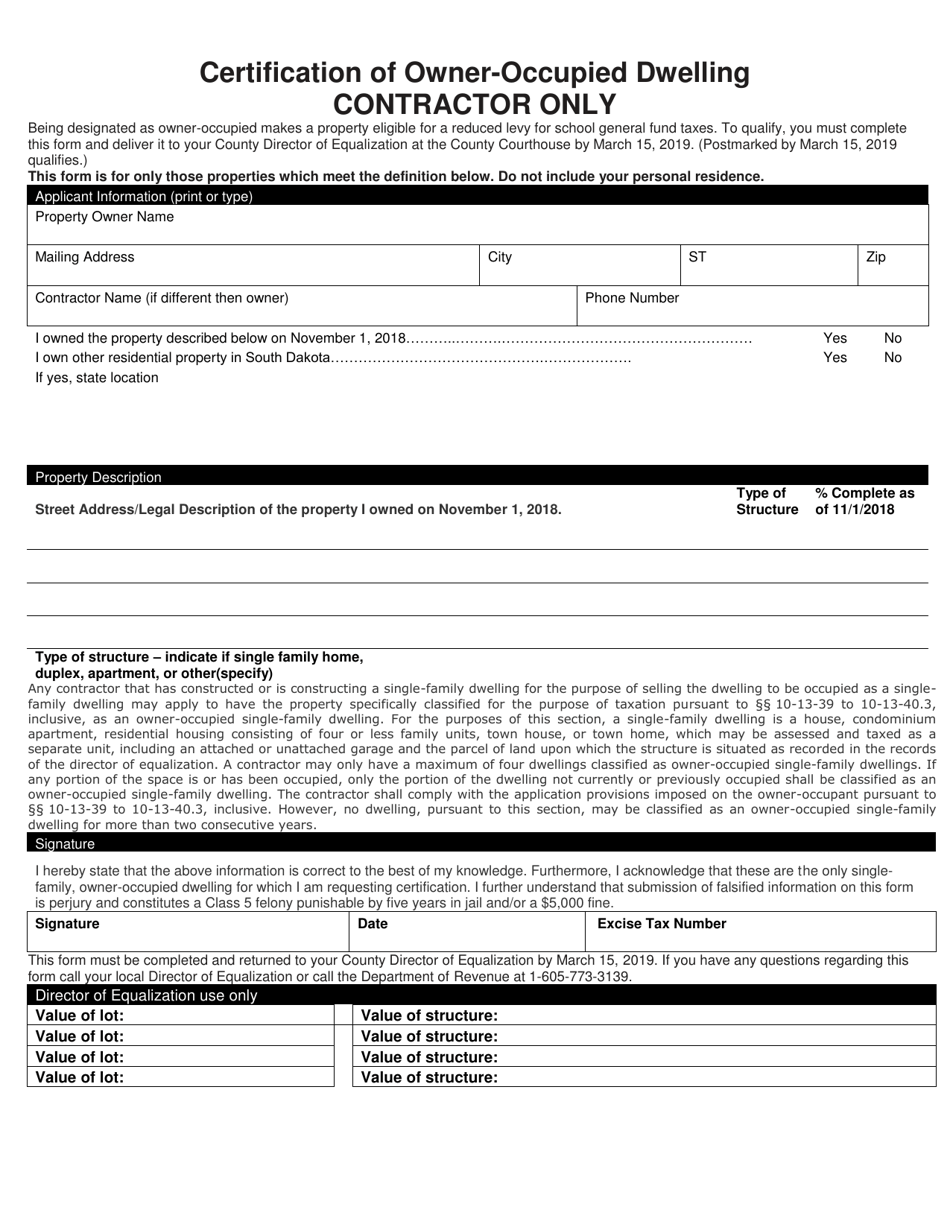 Certification of Owner Occupied Dwelling - Contractor Only - South Dakota, Page 1
