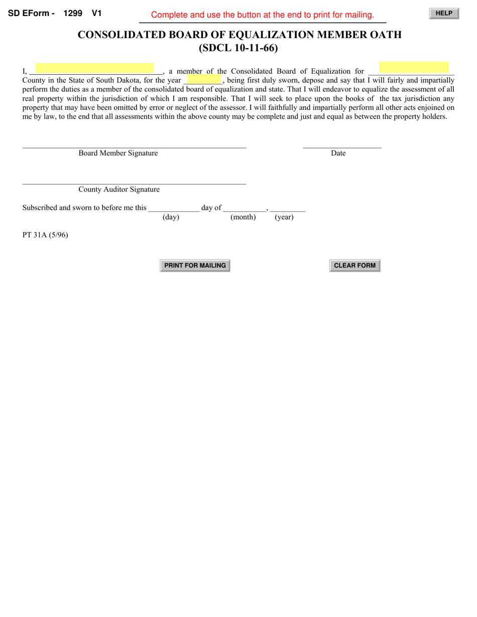 SD Form 1299 (PT31A) Consolidated Board of Equalization Member Oath - South Dakota, Page 1