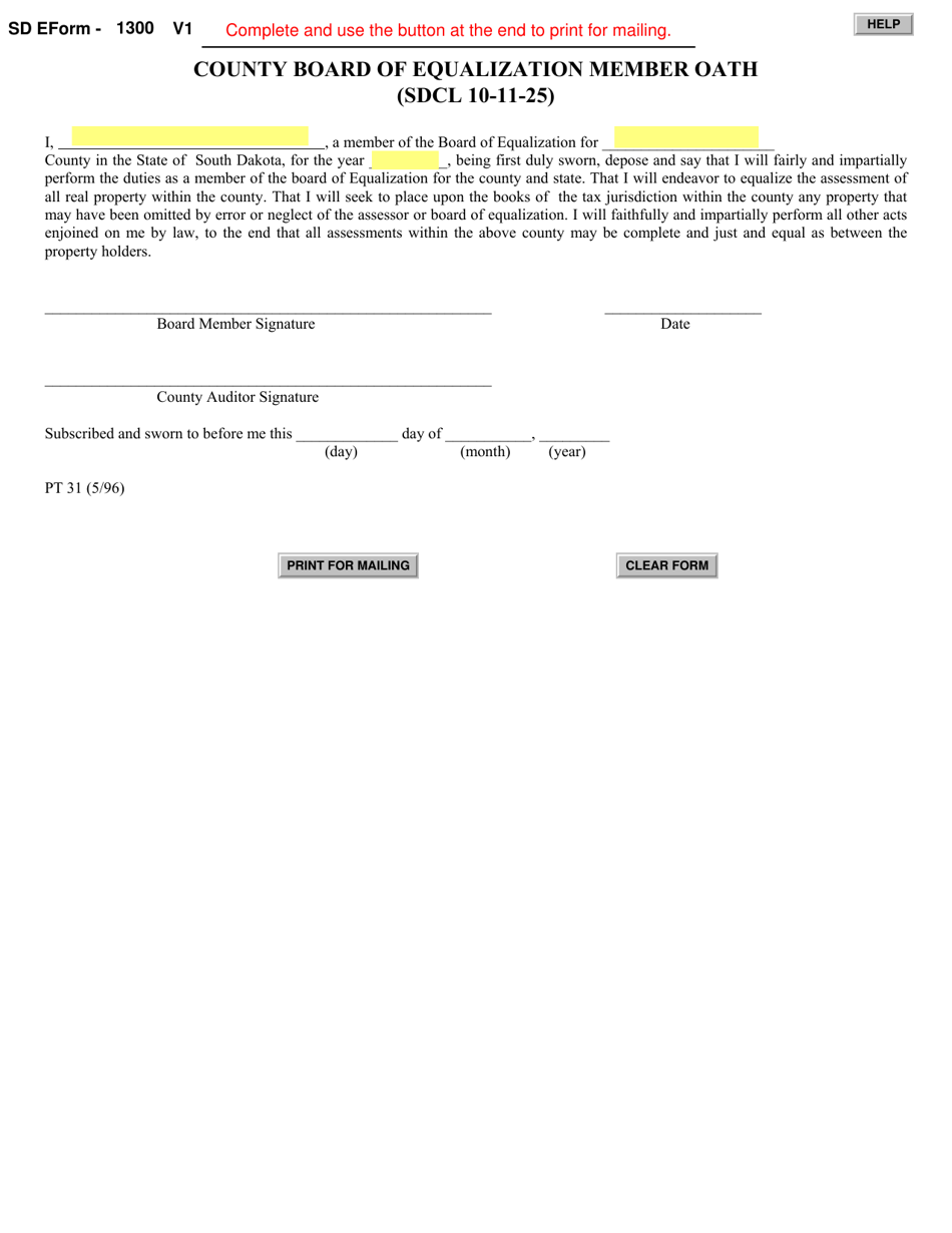 SD Form 1300 (PT-31) County Board of Equalization Member Oath - South Dakota, Page 1