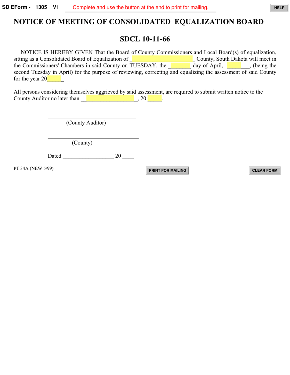 SD Form 1305 (PT34A) Notice of Meeting of Consolidated Equalization Board - South Dakota, Page 1