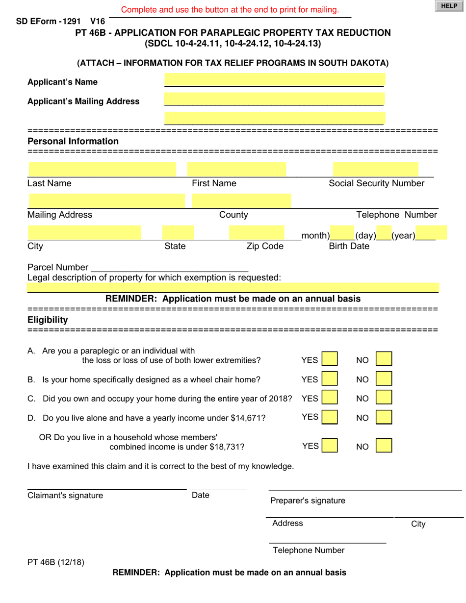 SD Form 1291 (PT46B) Application for Paraplegic Property Tax Reduction - South Dakota, Page 1