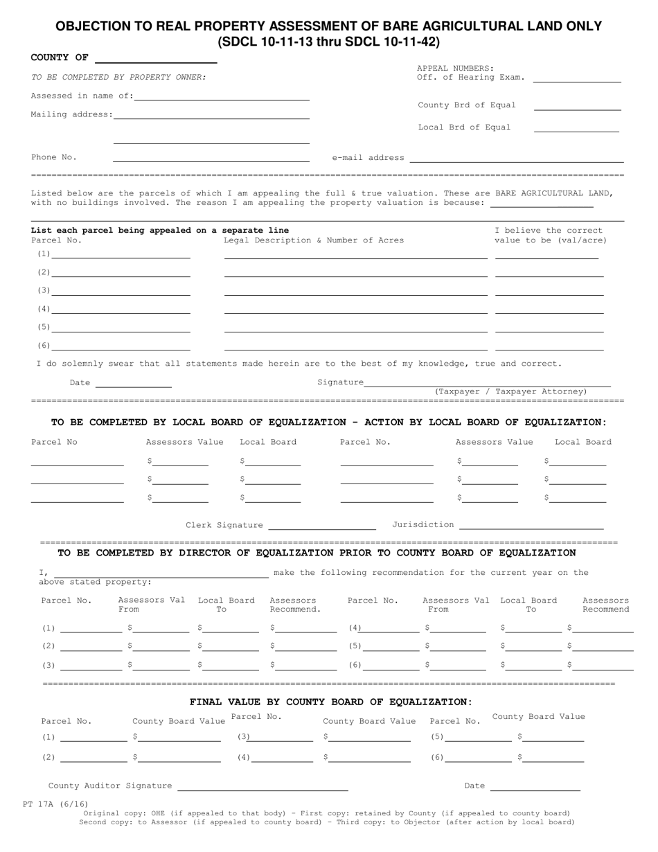 Form PT-17A Objection to Real Property Assessment of Bare Agricultural Land Only - South Dakota, Page 1