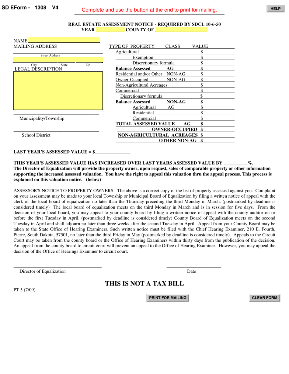 SD Form 1308 (PT5) Real Estate Assessment Notice - South Dakota, Page 1