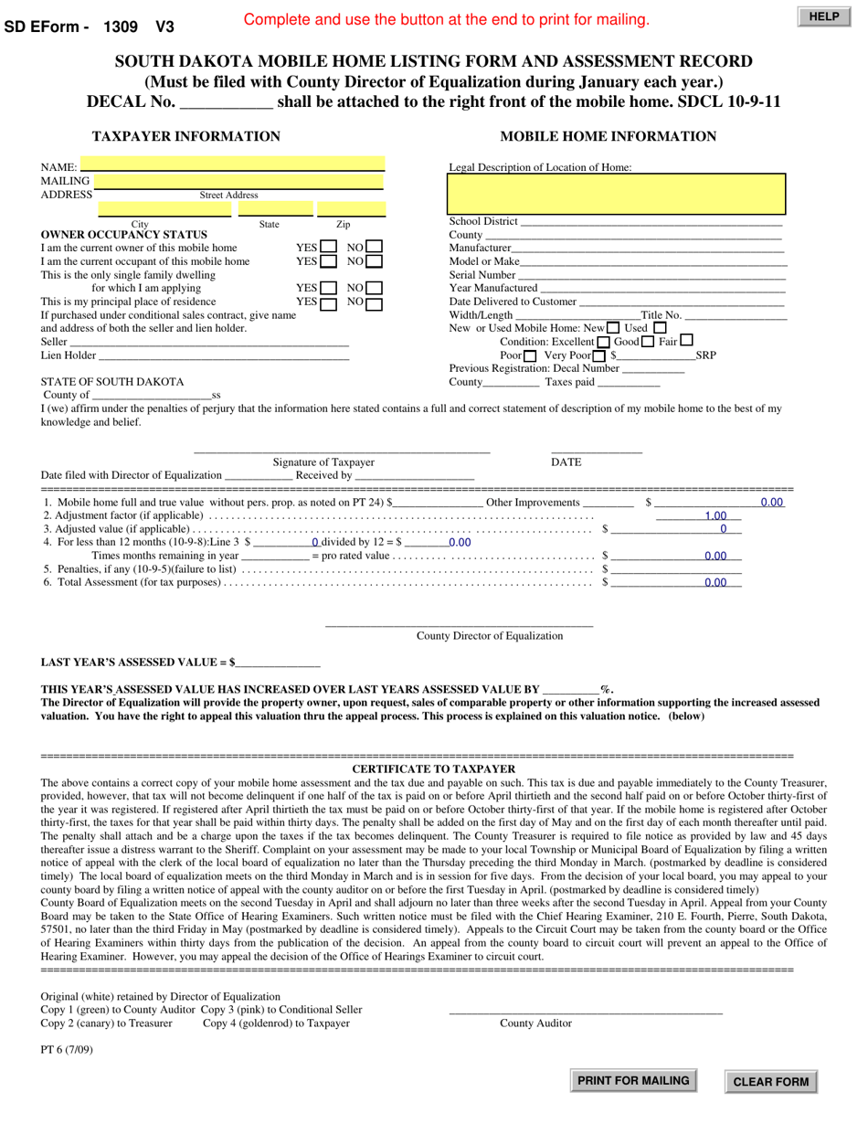 SD Form 1309 (PT6) Mobile Home Listing Form and Assessment Record - South Dakota, Page 1