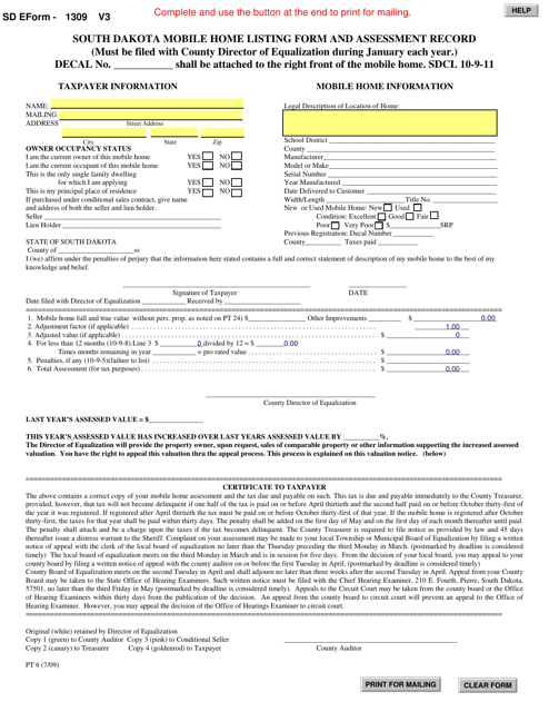 SD Form 1309 (PT6) Mobile Home Listing Form and Assessment Record - South Dakota