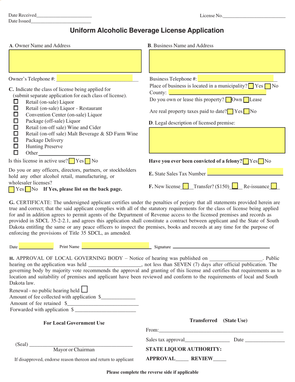 Uniform Alcoholic Beverage License Application Form - South Dakota, Page 1