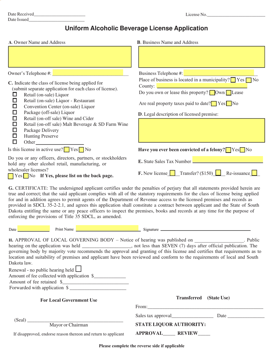 South Dakota Uniform Alcoholic Beverage License Application Form Fill