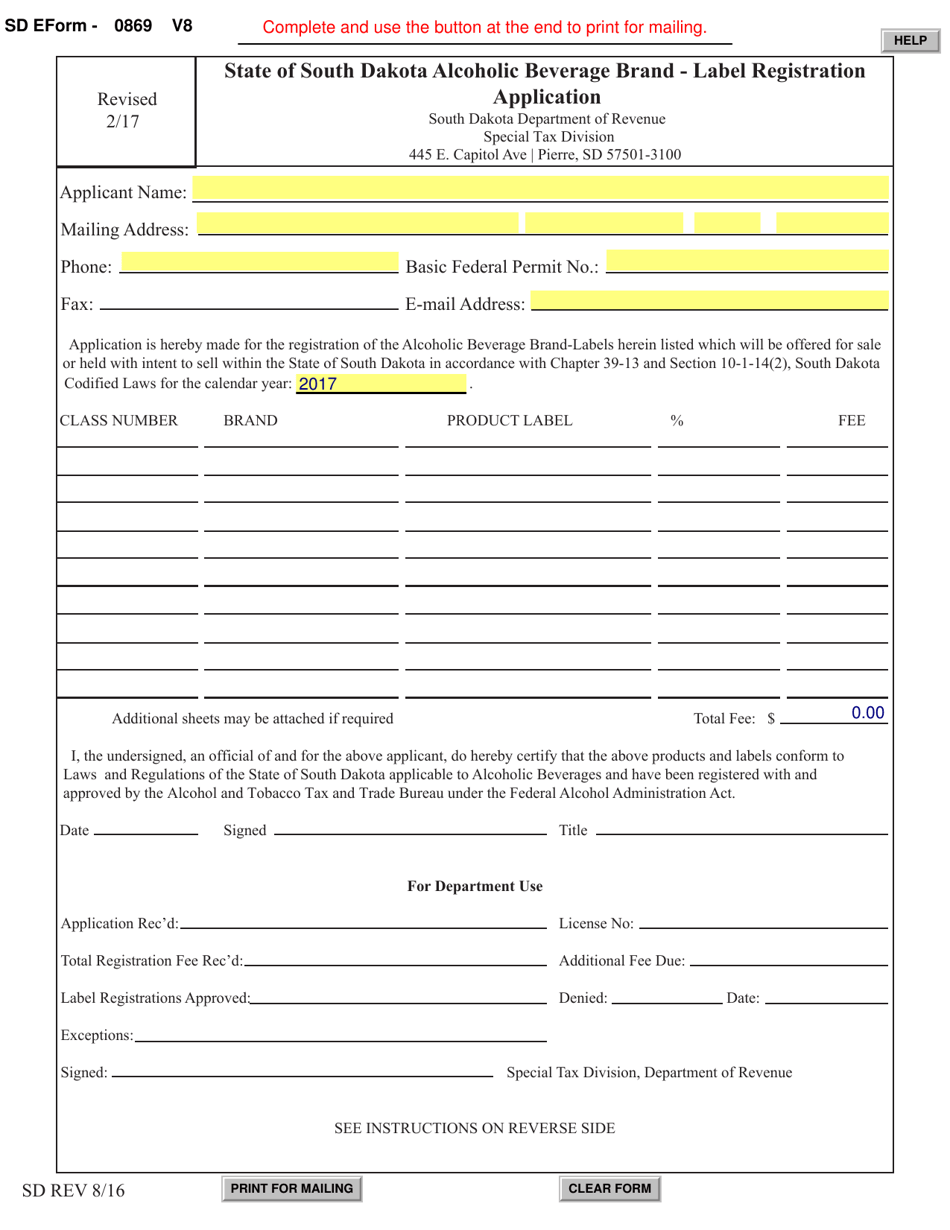 SD Form 0869 Alcoholic Beverage Brand - Label Registration Application - South Dakota, Page 1