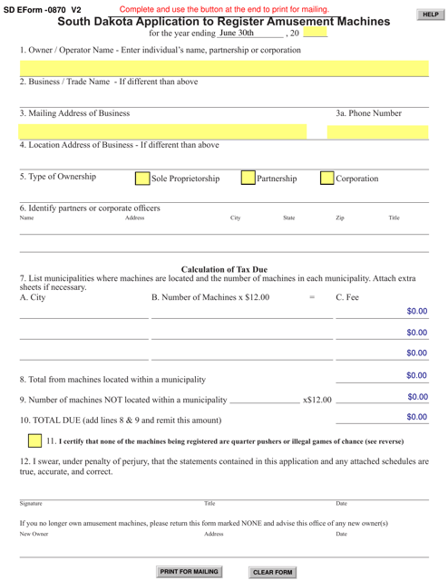 SD Form 0870 Application to Register Amusement Machines - South Dakota