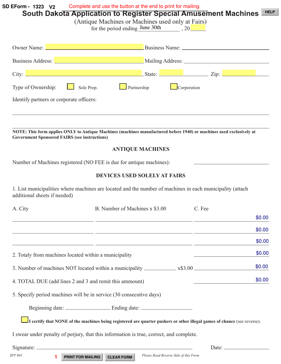 SD Form 1323 Application to Register Special Amusement Machines - South Dakota, Page 1