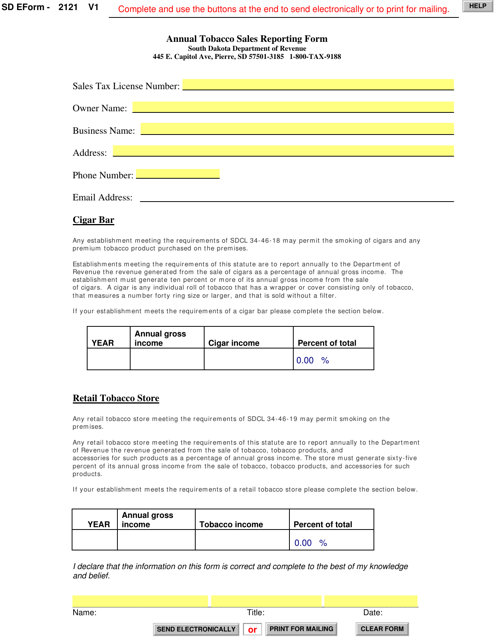 SD Form 2121 Annual Tobacco Sales Reporting Form - South Dakota