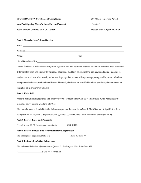 Certificate of Compliance - Non-participating Manufacturer Escrow Payment - Quarter 2 - South Dakota Download Pdf